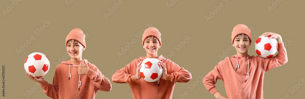 Little boy with soccer ball on color background