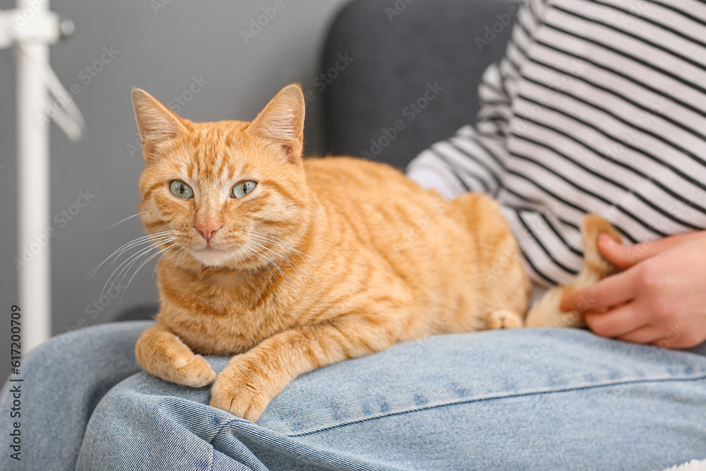 Woman with cute ginger cat sitting at home, closeup