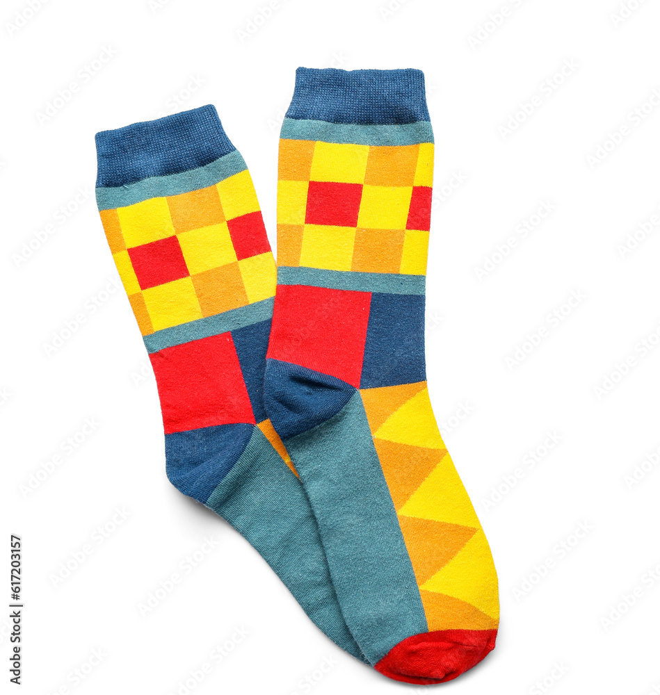 Pair of colorful socks on white background