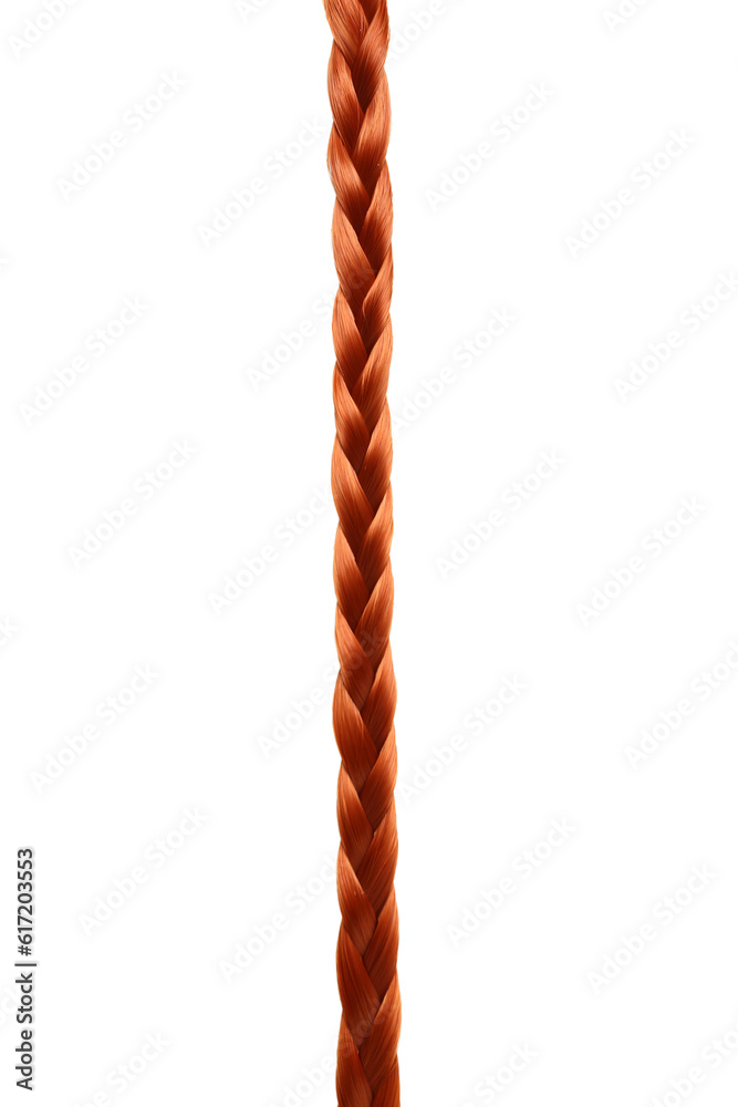 Braided ginger hair on white background, closeup