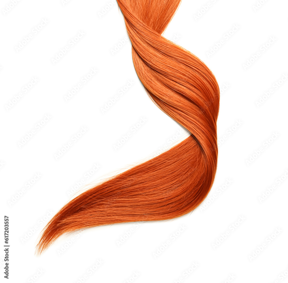 Beautiful ginger hair strand on white background, closeup