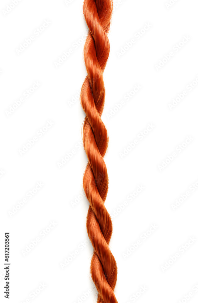 Braided ginger hair isolated on white background, closeup