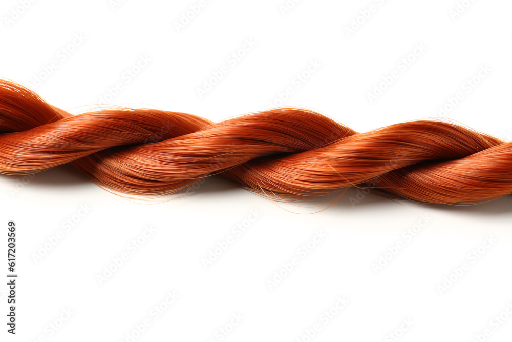 Braided ginger hair isolated on white background, closeup