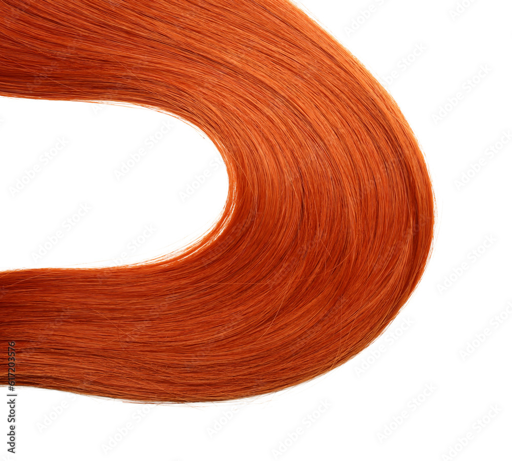 Beautiful ginger hair strand on white background, closeup