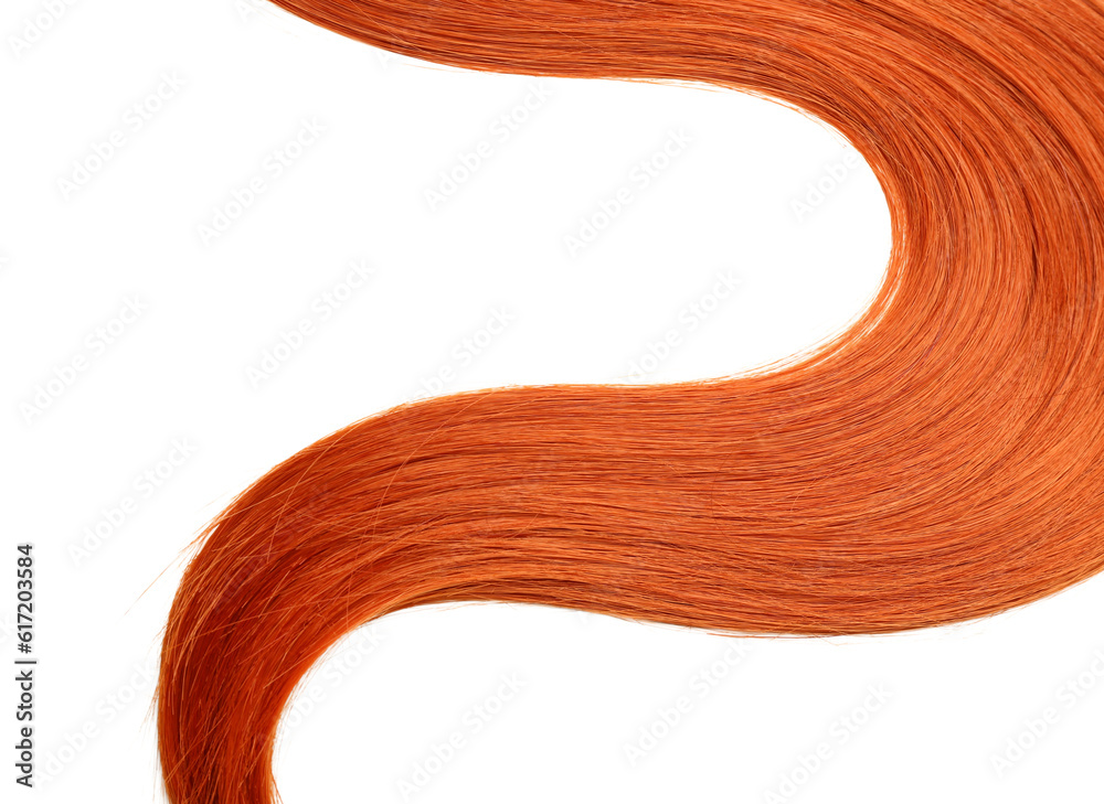 Beautiful ginger hair strand on white background, closeup