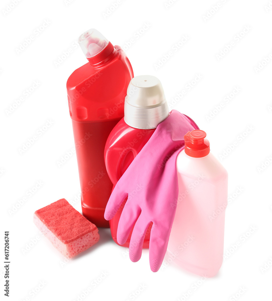 Different cleaning supplies on white background