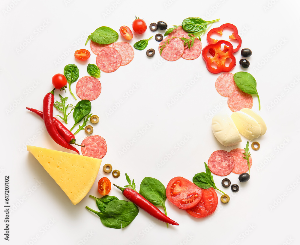 Frame made of fresh ingredients for preparing pizza on white background