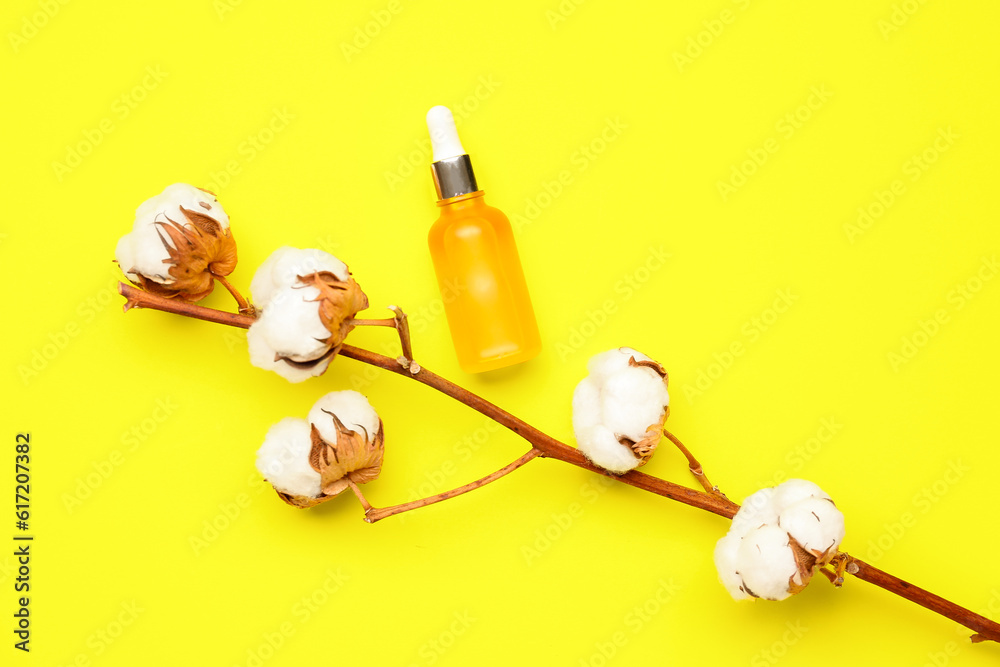 Bottle of essential oil and cotton branch on yellow background