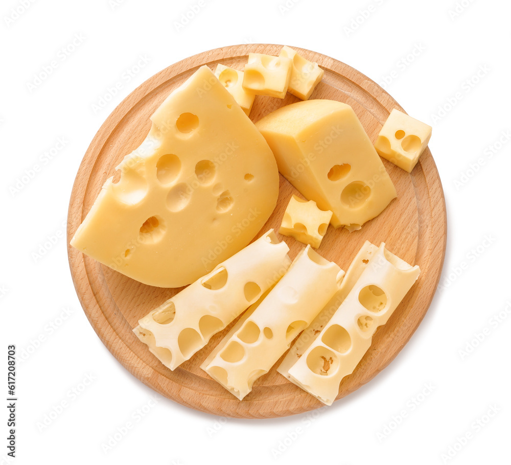 Pieces and slices of Swiss cheese with wooden board on white background