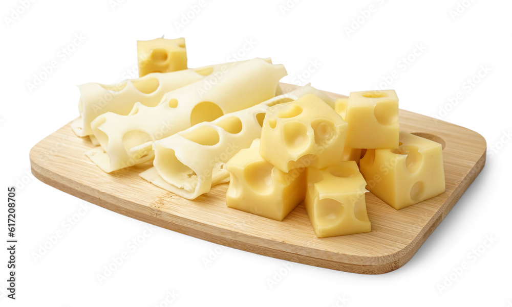 Cubes and slices of Swiss cheese with wooden board on white background