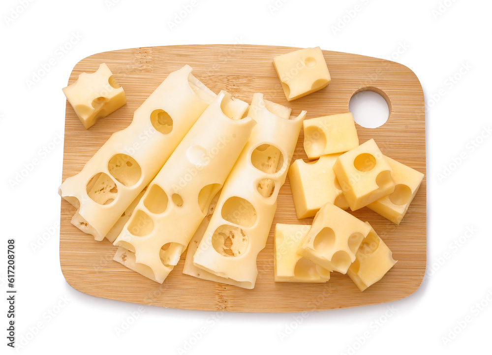 Cubes and slices of Swiss cheese with wooden board on white background