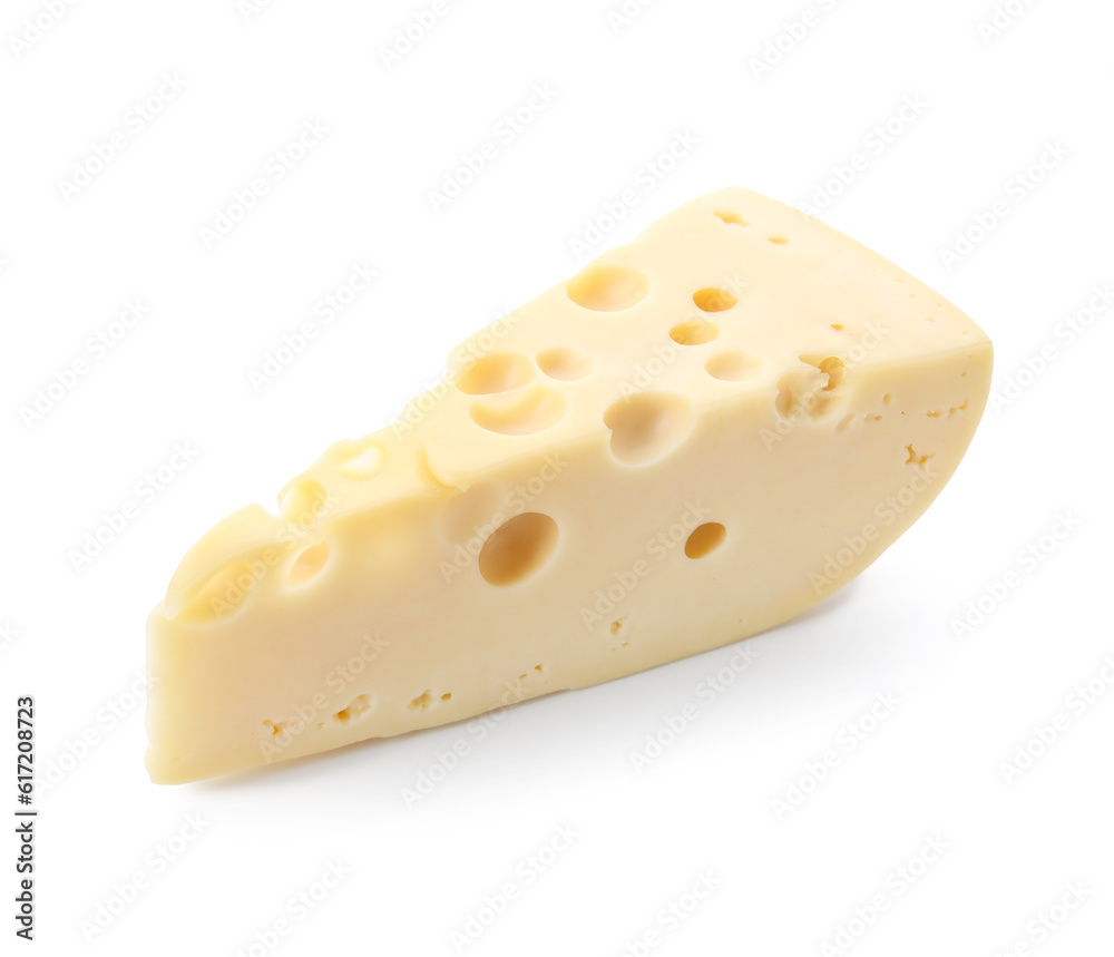 Piece of tasty Swiss cheese on white background