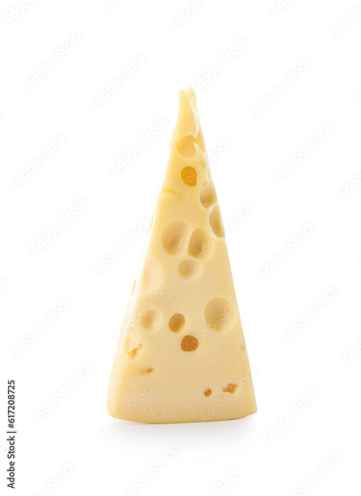 Piece of tasty Swiss cheese on white background