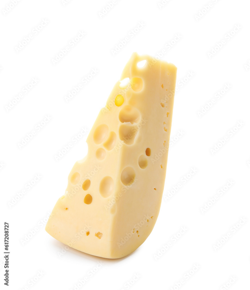 Piece of tasty Swiss cheese on white background