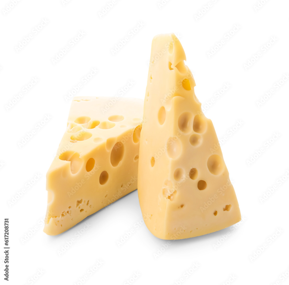 Pieces of tasty Swiss cheese on white background