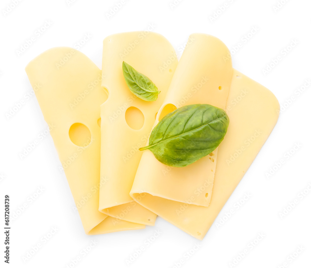 Slices of tasty Swiss cheese on white background