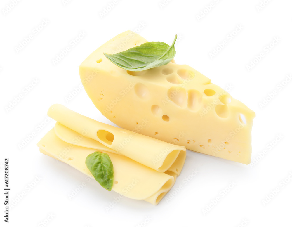 Tasty Swiss cheese on white background