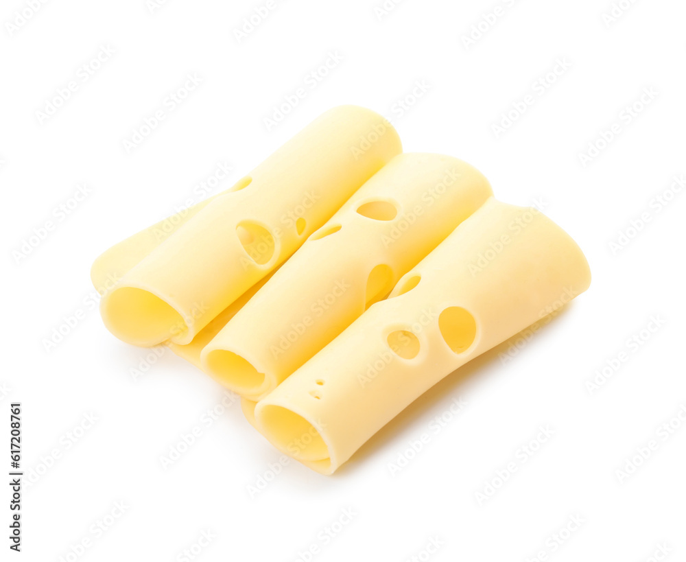 Slices of tasty Swiss cheese on white background