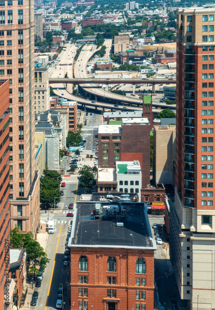 View of the Baltimore cityscape and highway loops