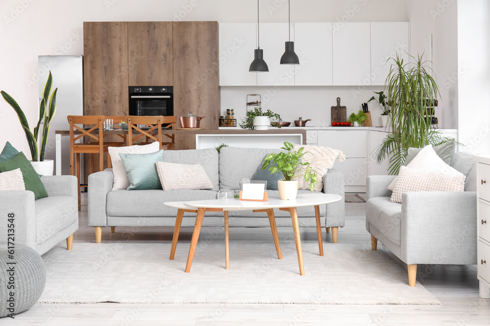 Interior of light open space kitchen with cozy grey sofas and coffee table