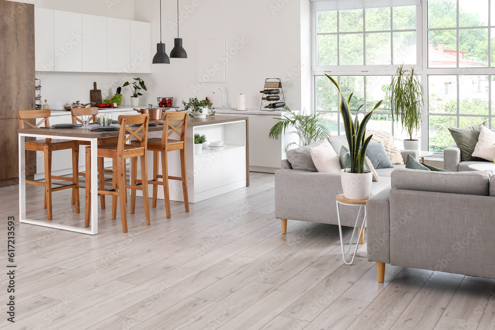 Interior of light open space kitchen with cozy grey sofas and island table