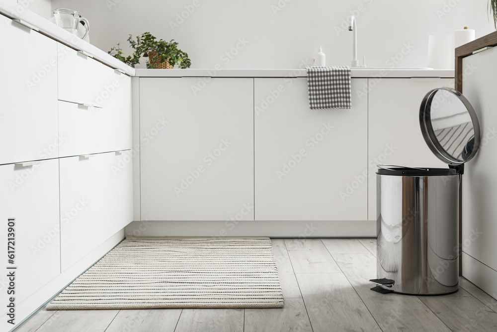 Opened trash bin in interior of light kitchen