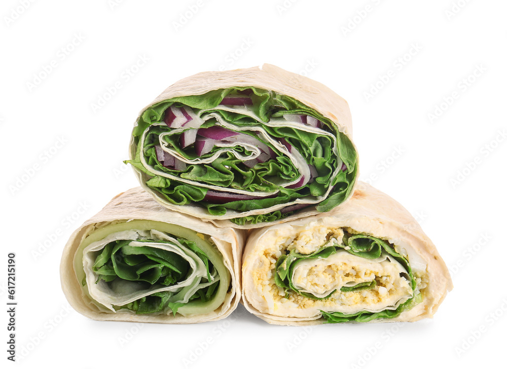 Tasty lavash rolls with vegetables and egg isolated on white background