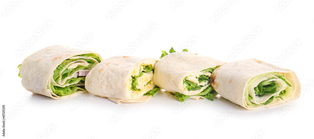 Tasty lavash rolls with vegetables and egg isolated on white background