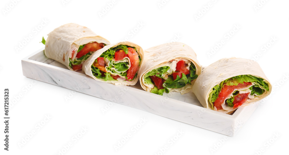 Plate of tasty lavash rolls with vegetables isolated on white background