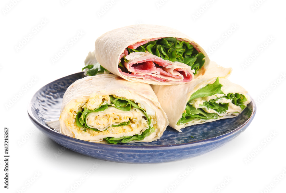 Plate of tasty lavash rolls with sausages and egg isolated on white background