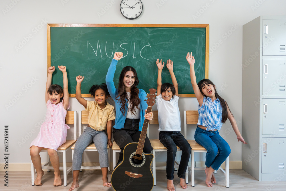 Portrait of diverse children student in classroom at elementary school. 