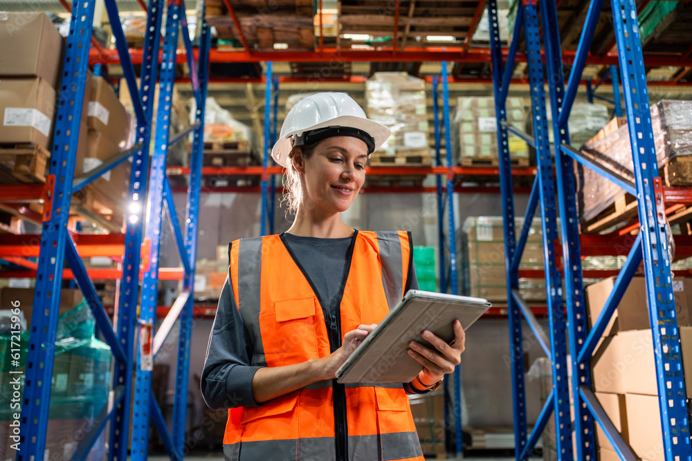 Caucasian young woman industrial worker working in manufacturing plant. 