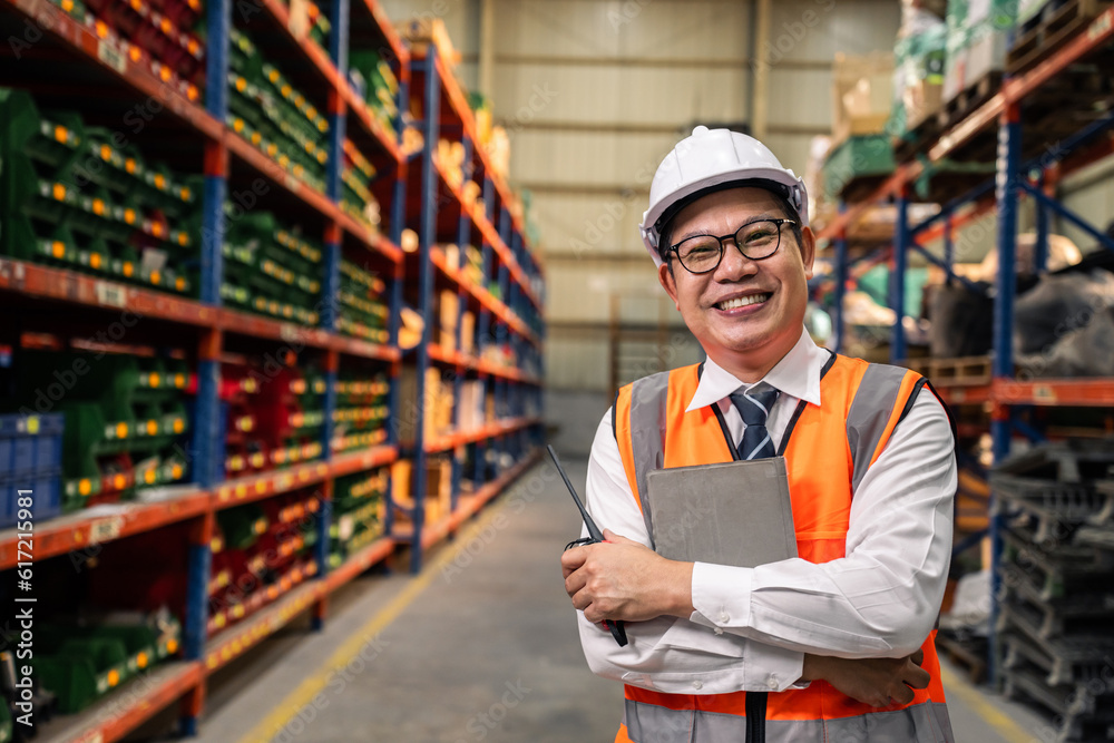 Portrait of Asian man industrial worker working in manufacturing plant. 