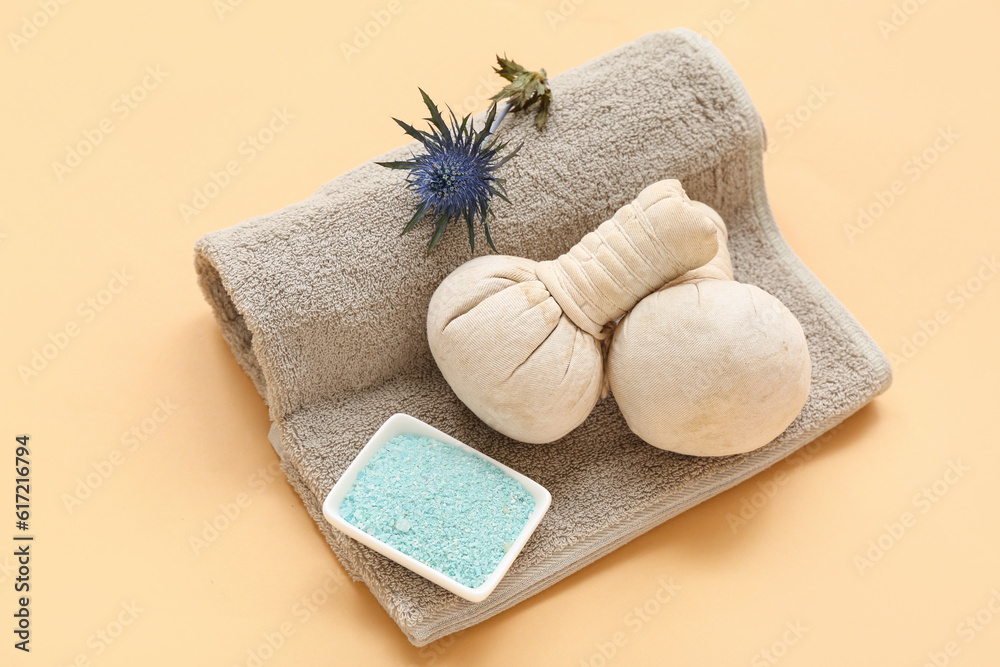 Clean towel, spa herbal bags and sea salt on color background