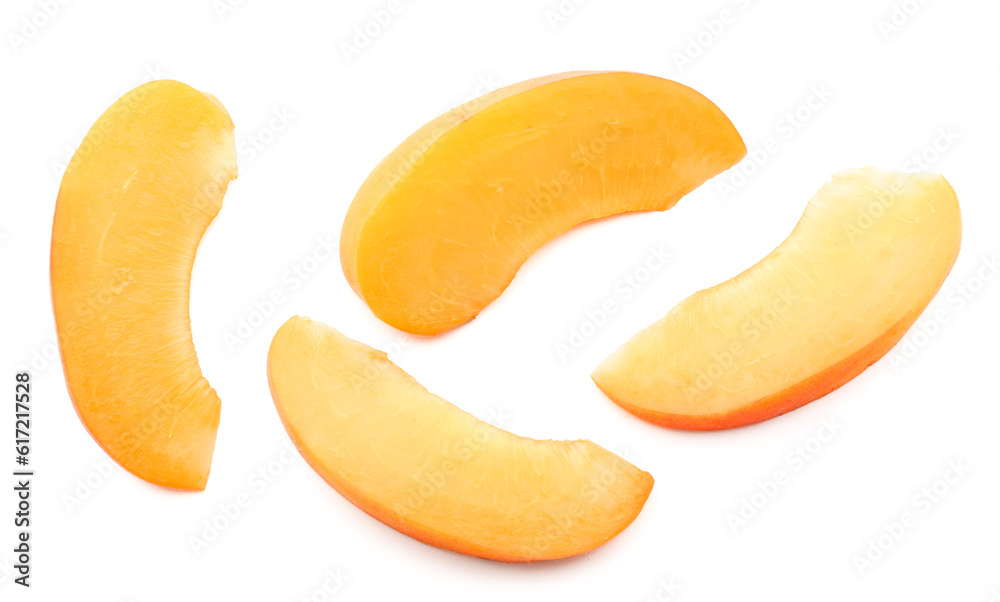 Pieces of ripe apricot isolated on white background