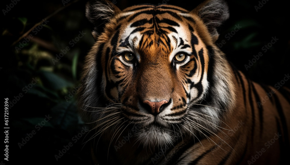 Bengal tiger staring, majestic aggression in nature tropical rainforest generated by AI