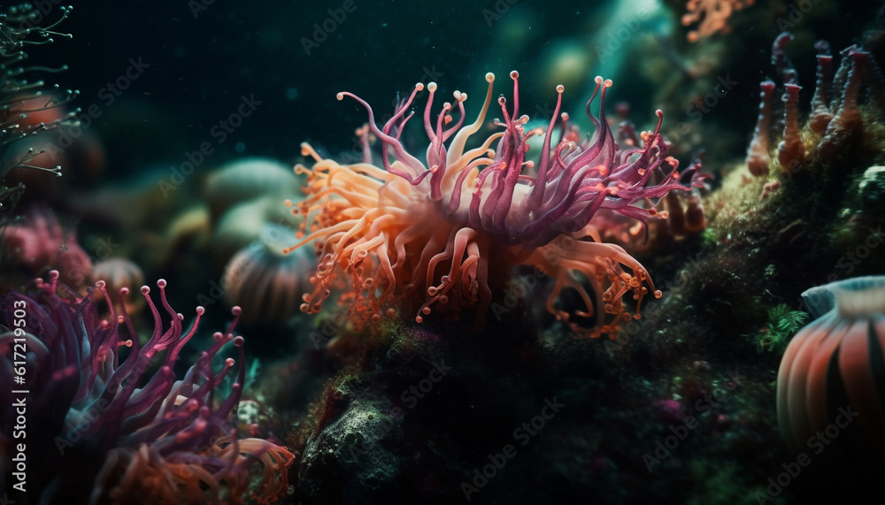 Multi colored aquatic life in a tropical reef, below the blue sea generated by AI