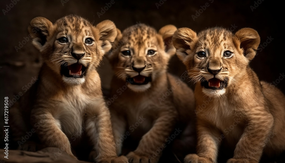 Three cute feline cubs staring, mouths open, in nature wild generated by AI