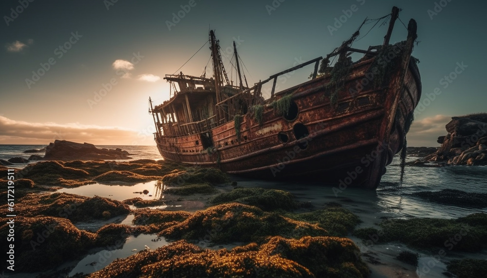 Abandoned shipwreck on rusty sand, destroyed by crashing waves generated by AI