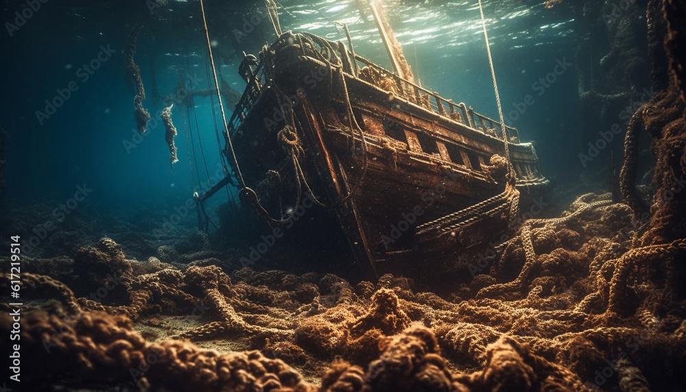 Exploring the rusty shipwreck below, diving into the mysterious seascape generated by AI