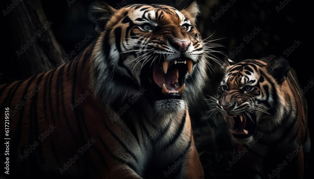 Bengal tiger staring fiercely with striped fur and sharp teeth generated by AI