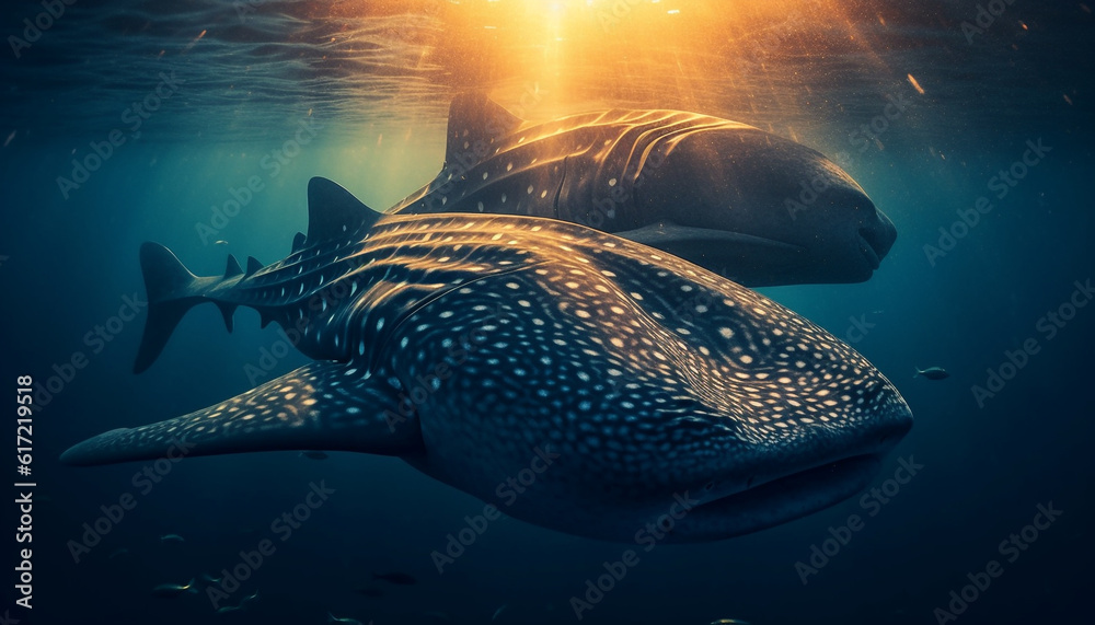 Deep below, majestic whale shark swims in multi colored reef generated by AI