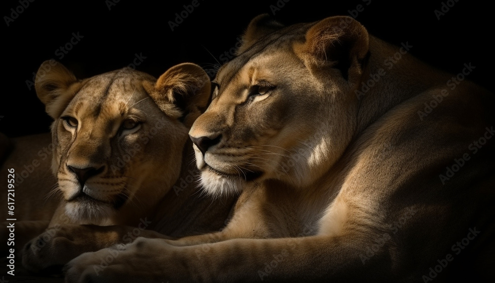 Majestic lioness and cub resting in the African savannah plain generated by AI