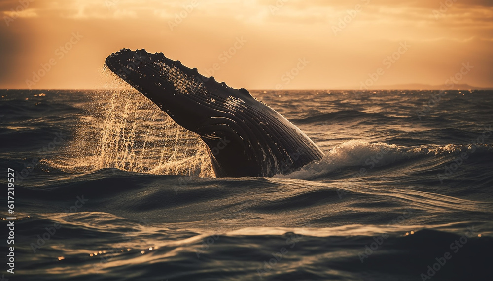 Humpback whale swimming in tranquil seascape at dusk generated by AI