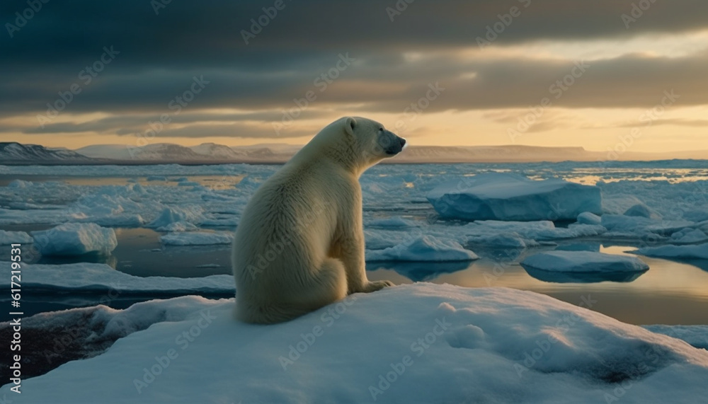 Majestic arctic mammal sitting on ice floe, reflecting tranquil beauty generated by AI