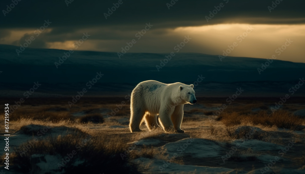 Majestic arctic mammal standing in remote winter landscape, backlit sunset generated by AI