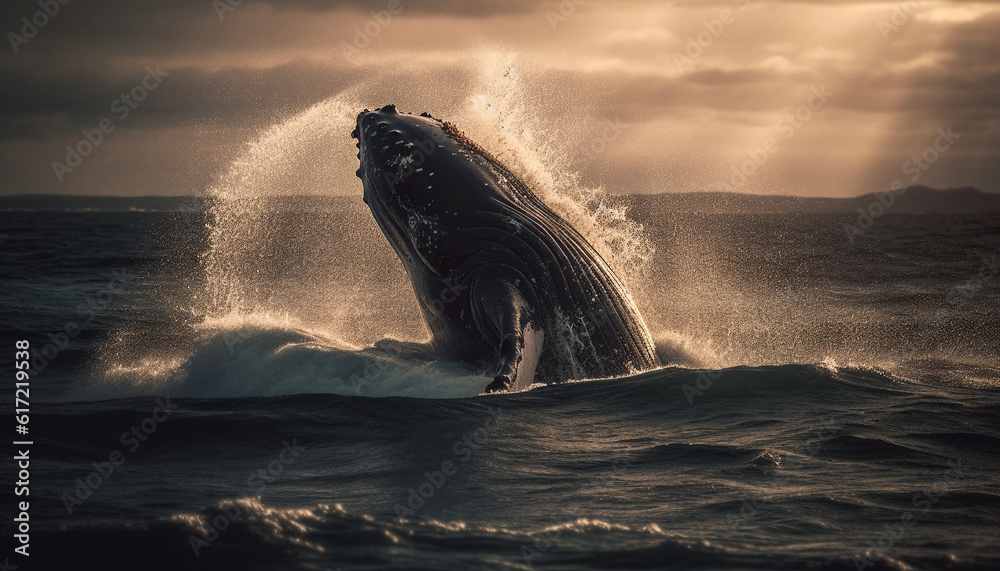 The majestic humpback whale breaches in the blue sea spray generated by AI