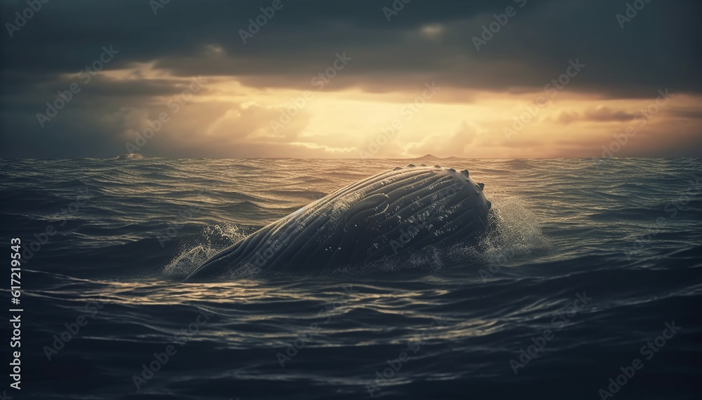 Majestic humpback whale splashing in tranquil seascape at sunset generated by AI