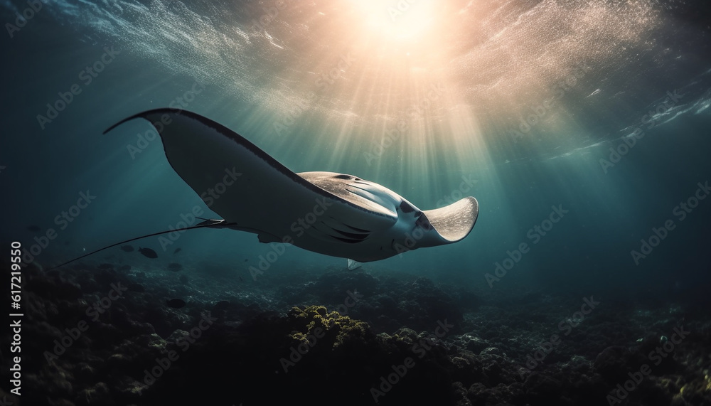 Majestic manta ray swimming in the deep blue sea generated by AI