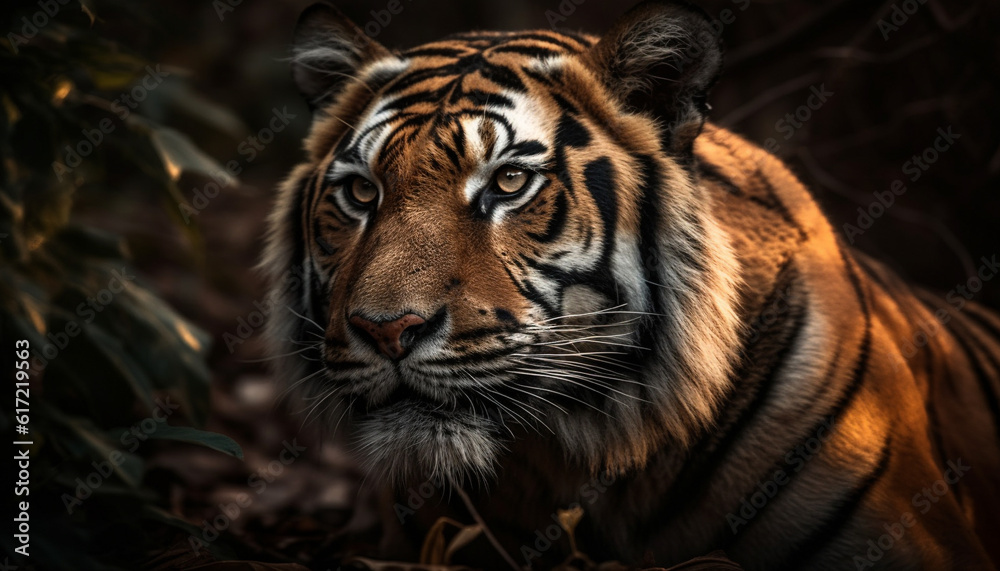 Endangered big cat staring, close up portrait of majestic tiger generated by AI